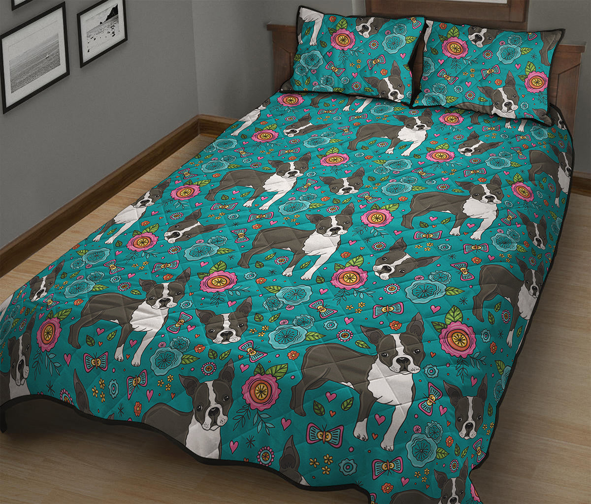 Cartoon Boston Terrier Flower Print Quilt Bed Set
