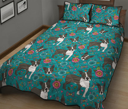 Cartoon Boston Terrier Flower Print Quilt Bed Set