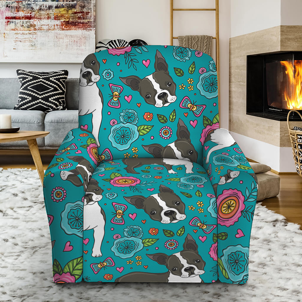 Cartoon Boston Terrier Flower Print Recliner Slipcover