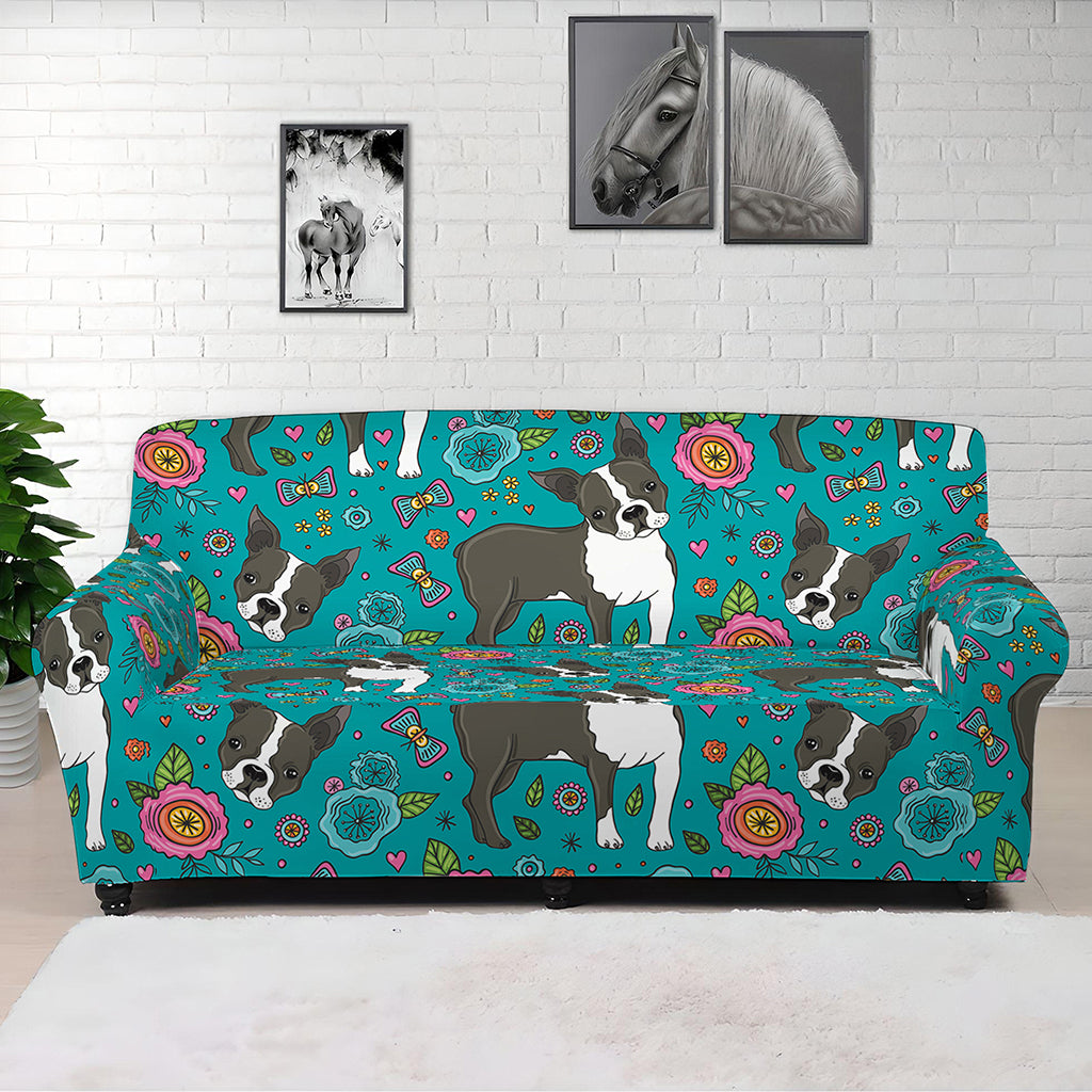 Cartoon Boston Terrier Flower Print Sofa Cover