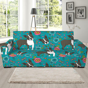 Cartoon Boston Terrier Flower Print Sofa Slipcover