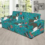 Cartoon Boston Terrier Flower Print Sofa Slipcover