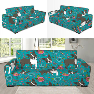 Cartoon Boston Terrier Flower Print Sofa Slipcover