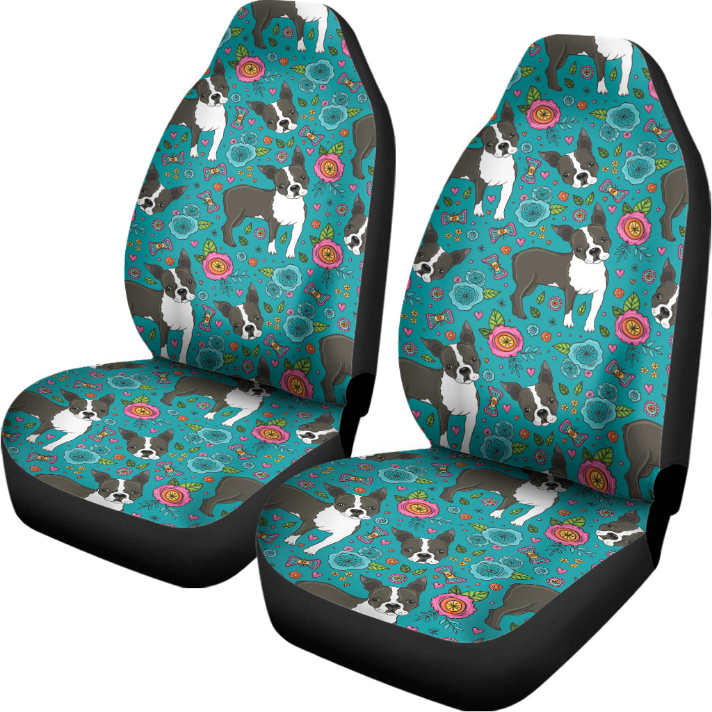 Cartoon Boston Terrier Flower Print Universal Fit Car Seat Covers