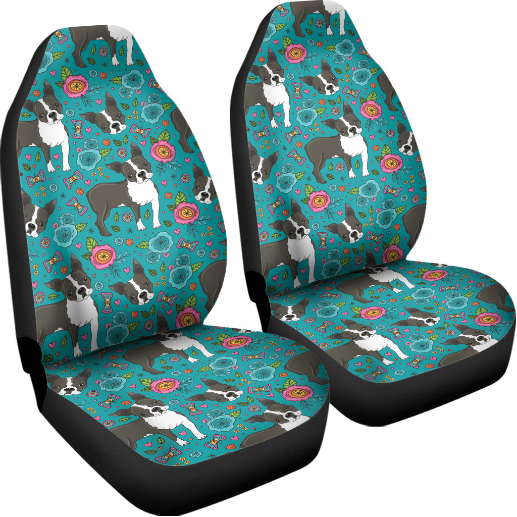 Cartoon Boston Terrier Flower Print Universal Fit Car Seat Covers