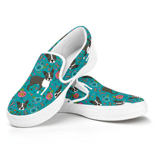 Cartoon Boston Terrier Flower Print White Slip On Shoes