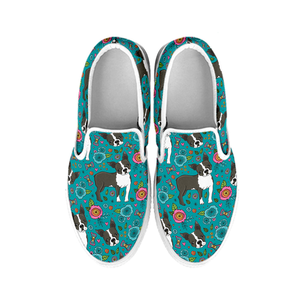 Cartoon Boston Terrier Flower Print White Slip On Shoes