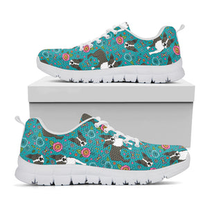 Cartoon Boston Terrier Flower Print White Sneakers