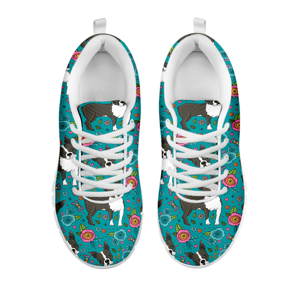 Cartoon Boston Terrier Flower Print White Sneakers