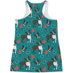 Cartoon Boston Terrier Flower Print Women's Racerback Tank Top