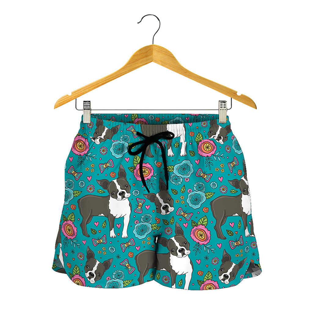 Cartoon Boston Terrier Flower Print Women's Shorts