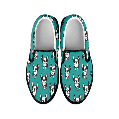 Cartoon Boston Terrier Pattern Print Black Slip On Shoes