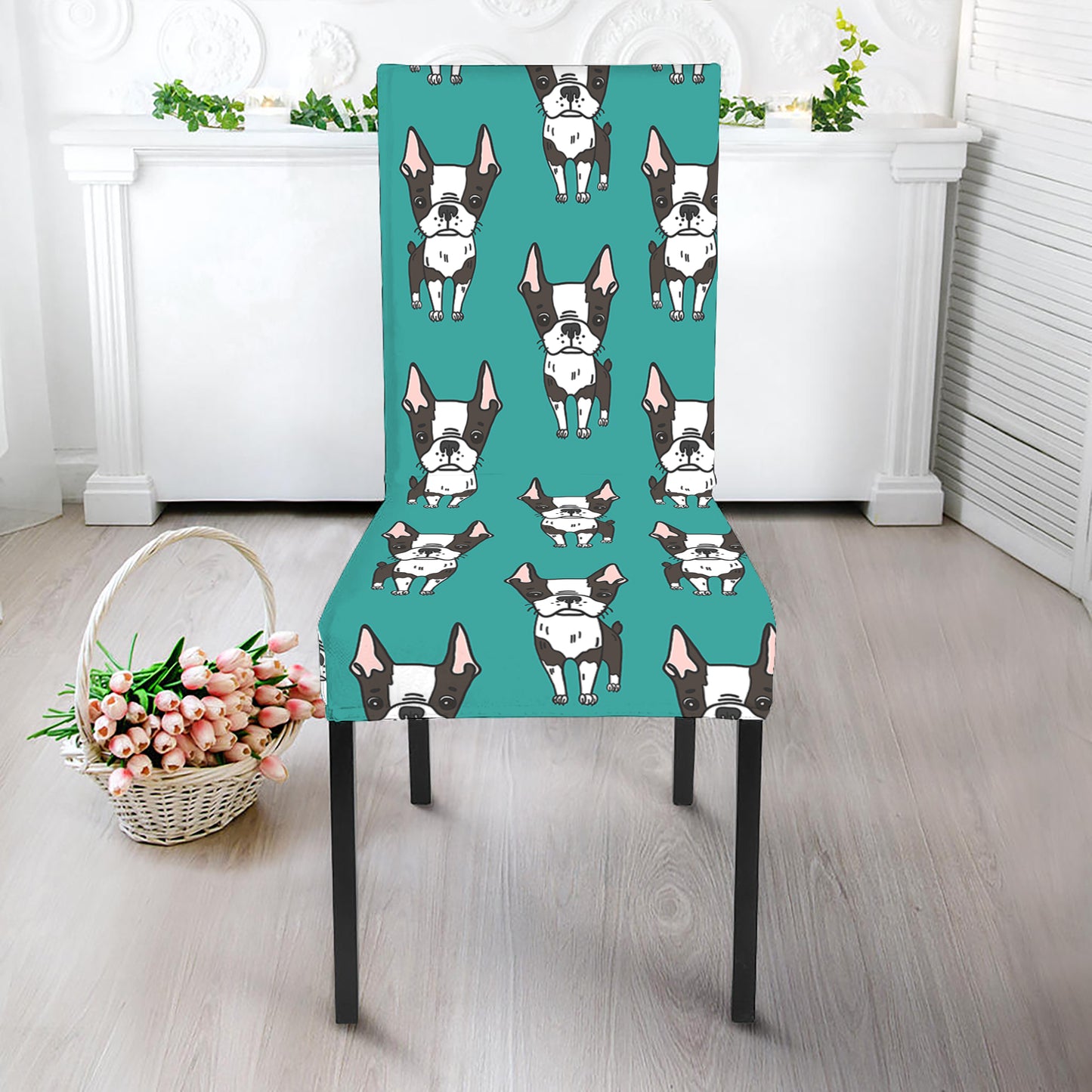 Cartoon Boston Terrier Pattern Print Dining Chair Slipcover