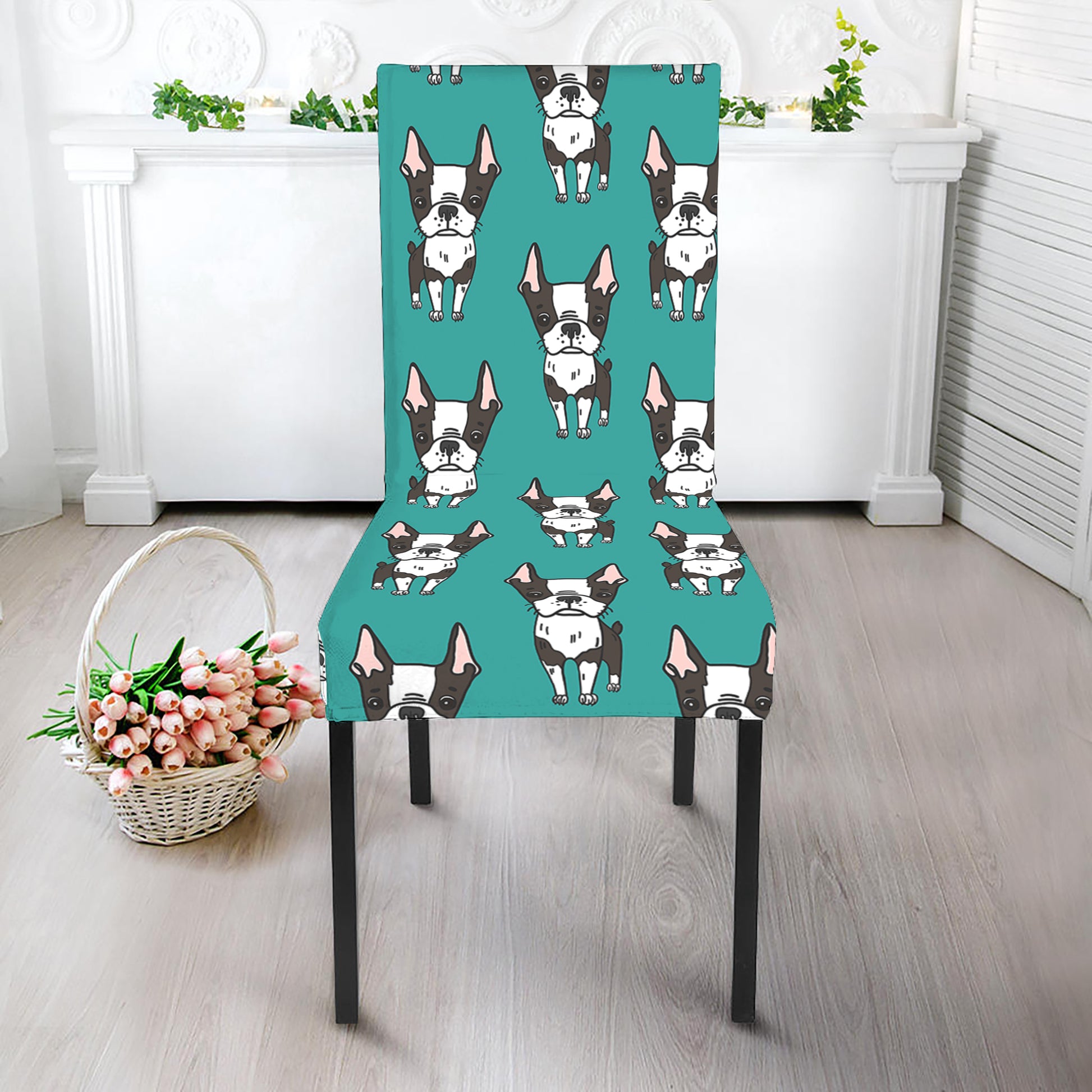 Cartoon Boston Terrier Pattern Print Dining Chair Slipcover