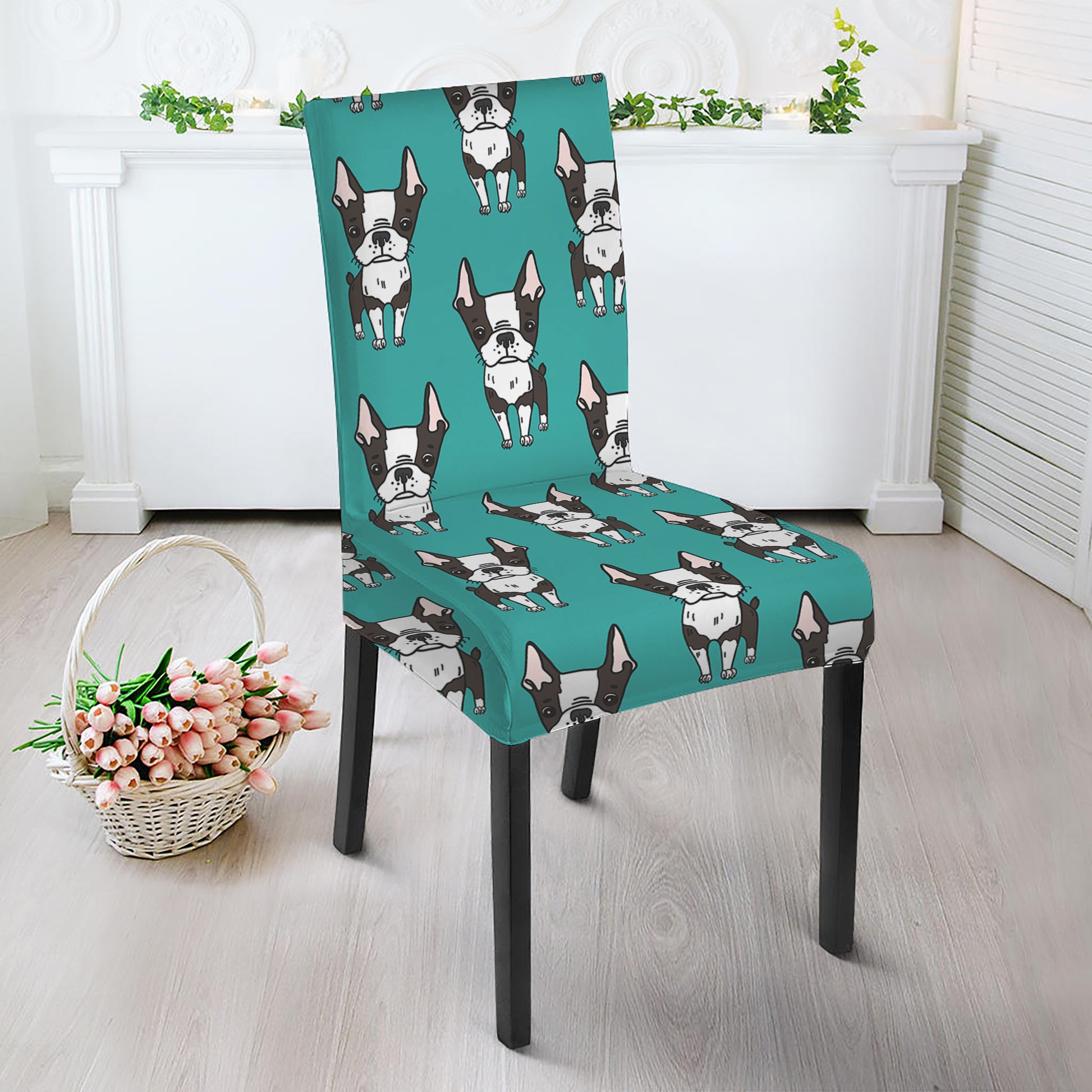 Cartoon Boston Terrier Pattern Print Dining Chair Slipcover