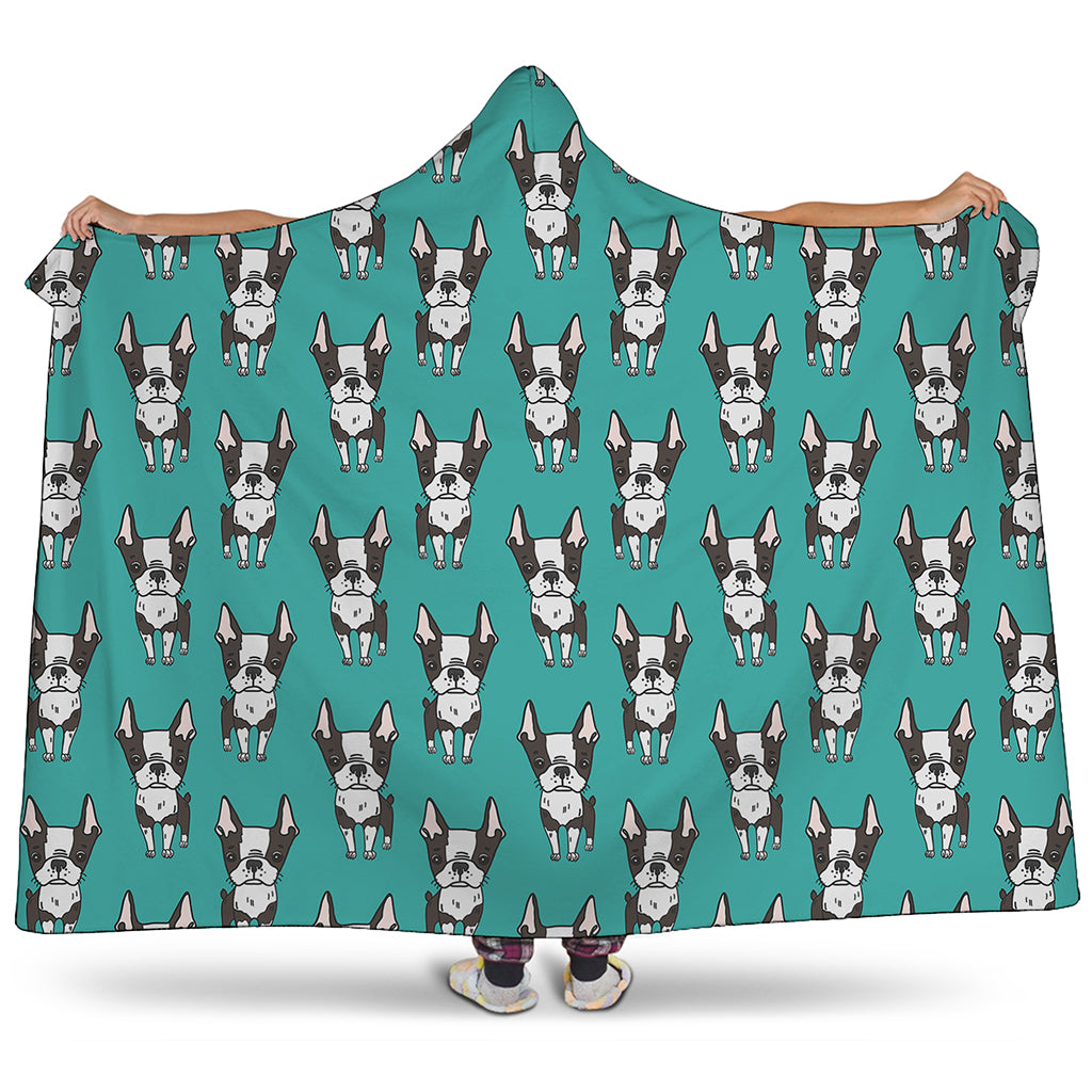 Cartoon Boston Terrier Pattern Print Hooded Blanket