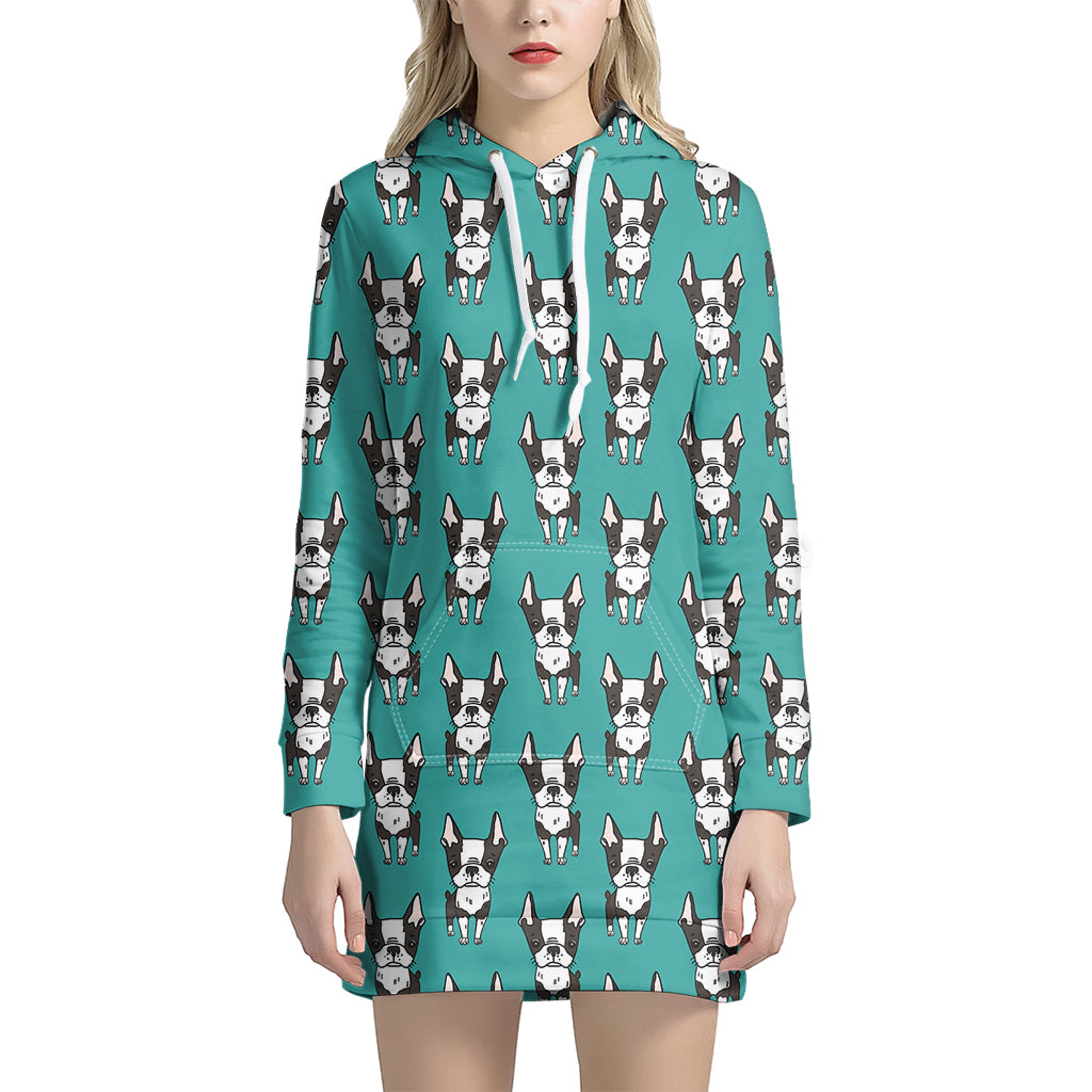 Cartoon Boston Terrier Pattern Print Hoodie Dress