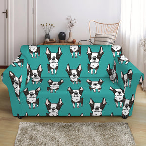 Cartoon Boston Terrier Pattern Print Loveseat Slipcover