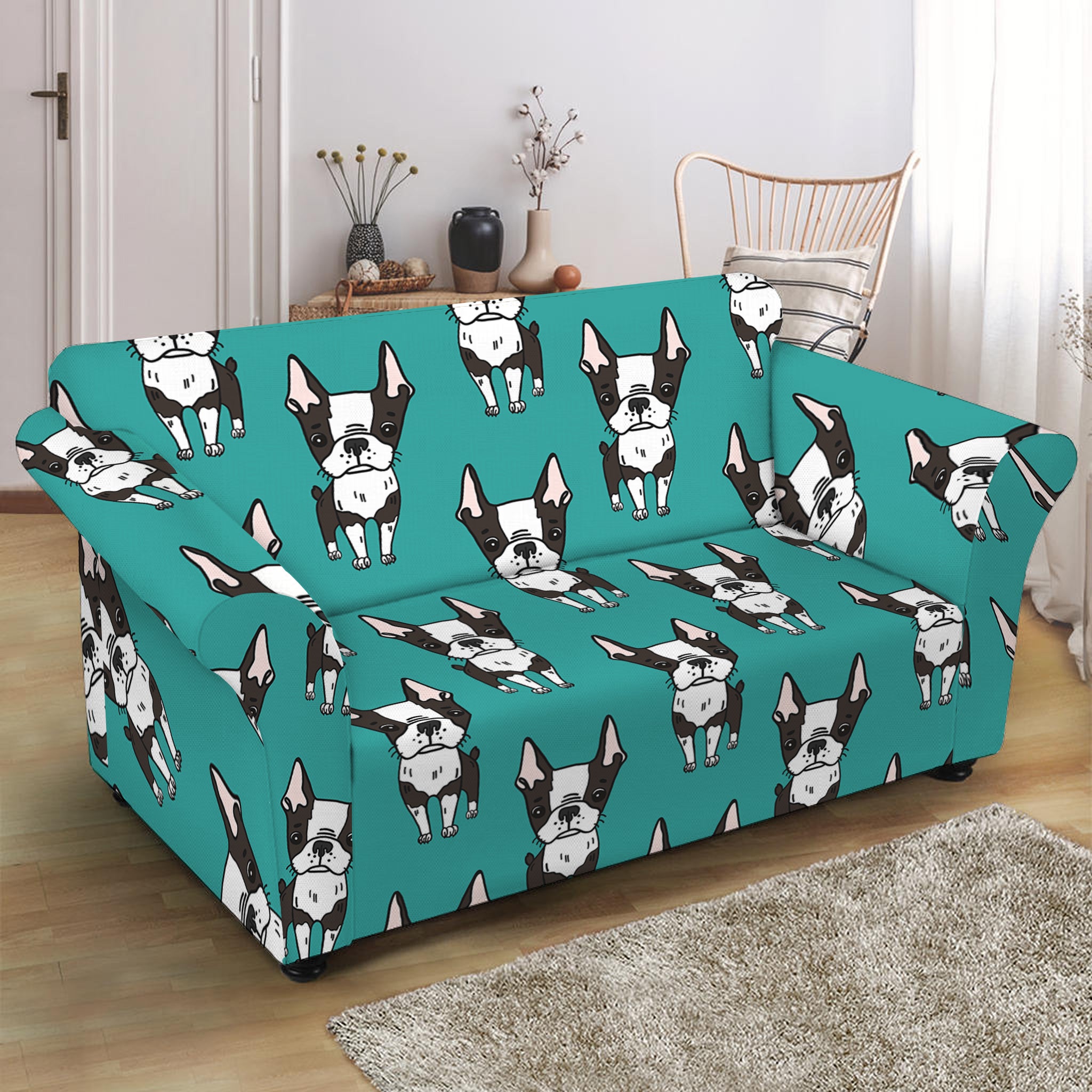 Cartoon Boston Terrier Pattern Print Loveseat Slipcover