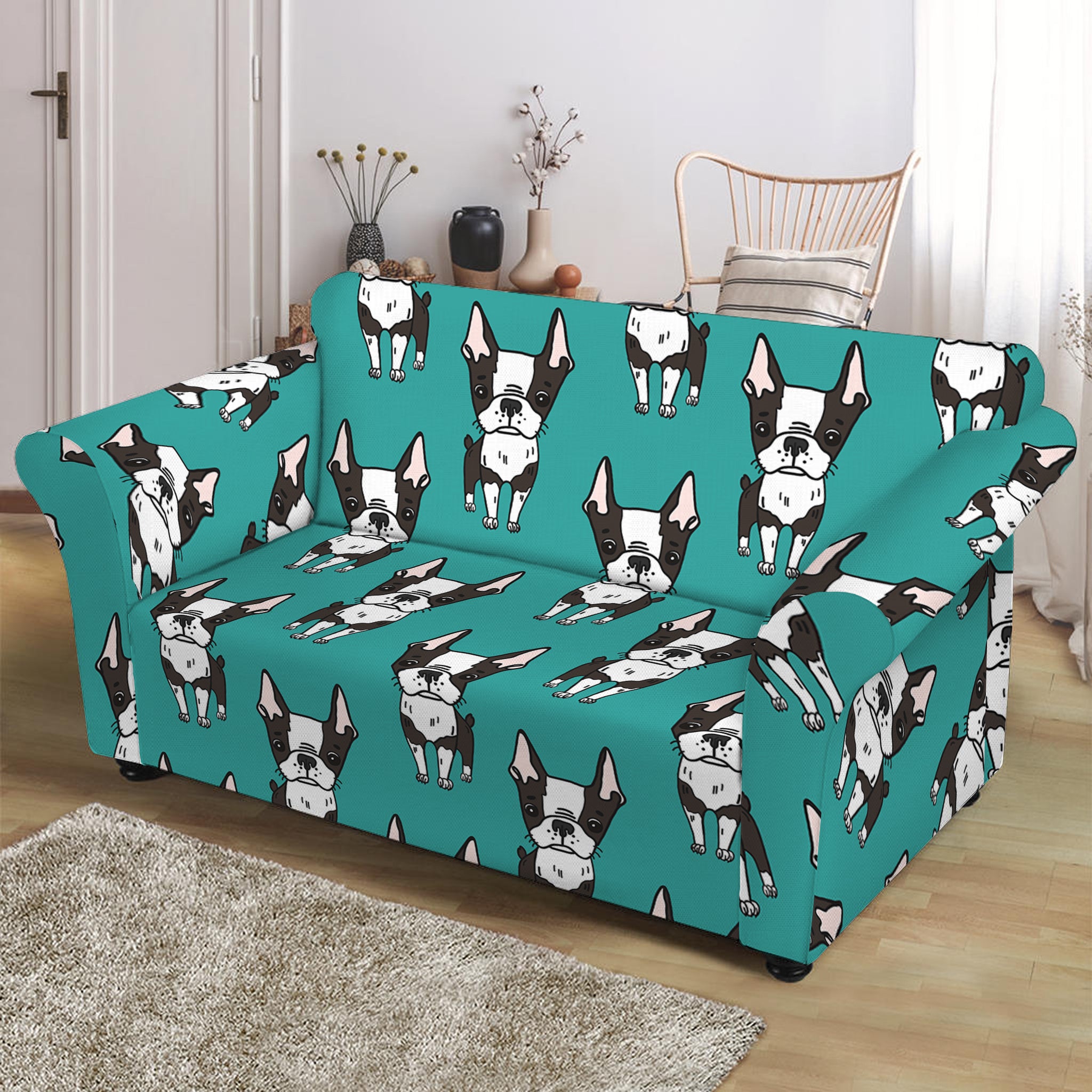 Cartoon Boston Terrier Pattern Print Loveseat Slipcover