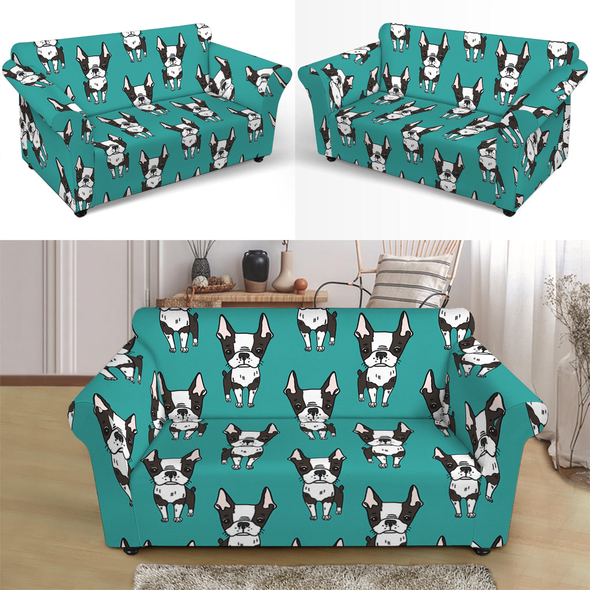 Cartoon Boston Terrier Pattern Print Loveseat Slipcover