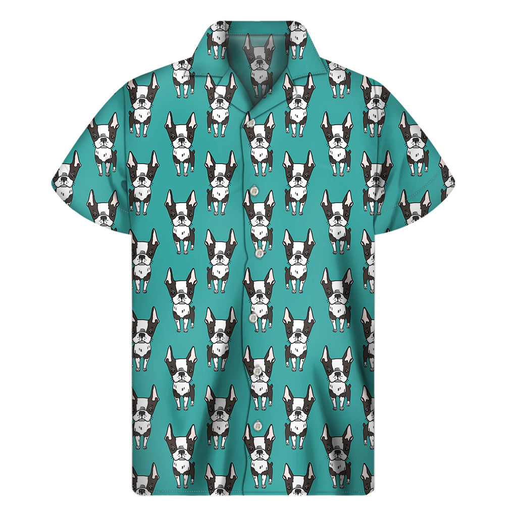 Cartoon Boston Terrier Pattern Print Men's Short Sleeve Shirt