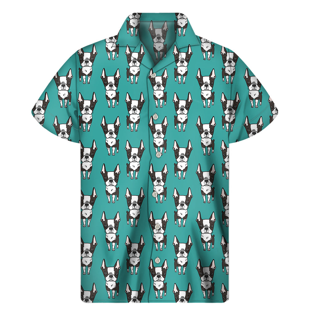 Cartoon Boston Terrier Pattern Print Men's Short Sleeve Shirt