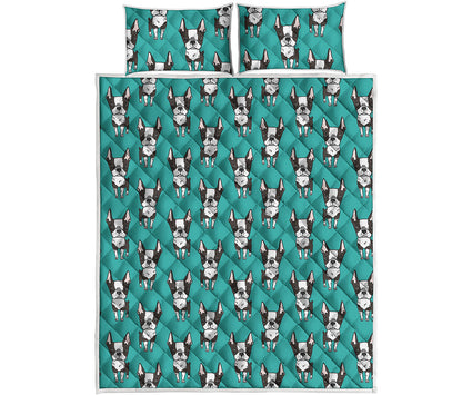 Cartoon Boston Terrier Pattern Print Quilt Bed Set