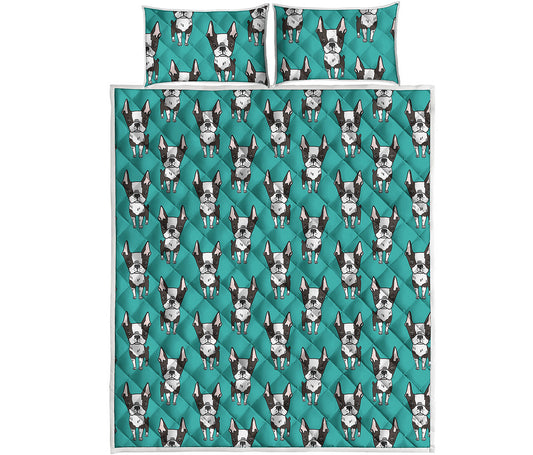 Cartoon Boston Terrier Pattern Print Quilt Bed Set