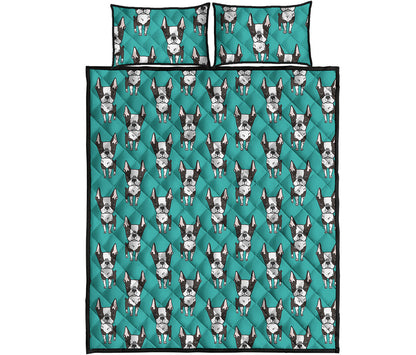 Cartoon Boston Terrier Pattern Print Quilt Bed Set