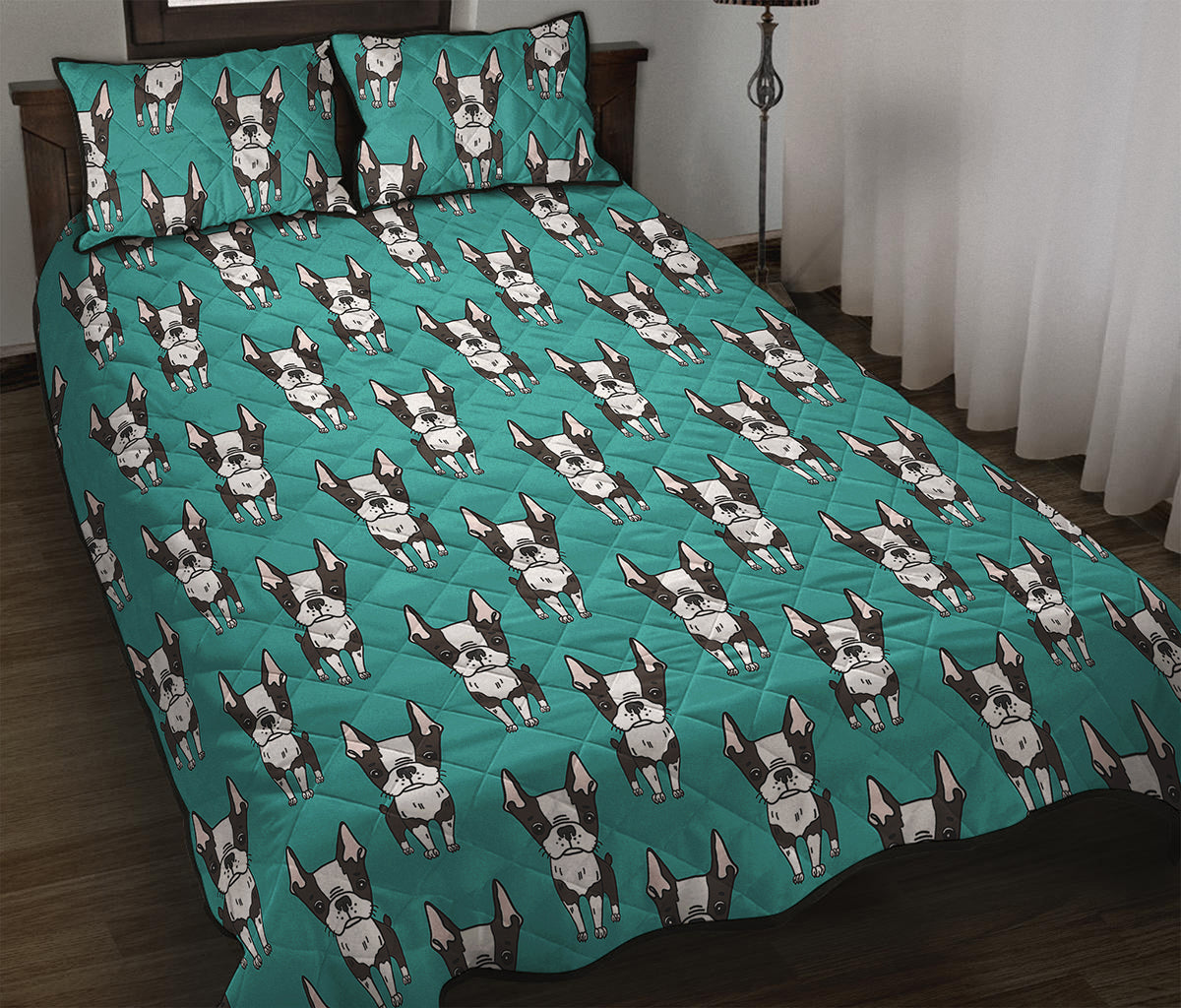 Cartoon Boston Terrier Pattern Print Quilt Bed Set