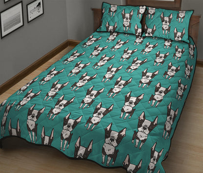 Cartoon Boston Terrier Pattern Print Quilt Bed Set