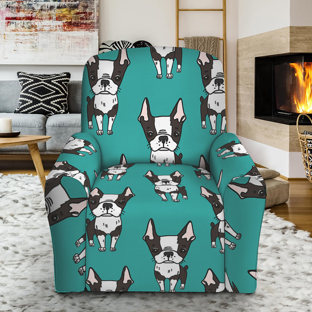 Cartoon Boston Terrier Pattern Print Recliner Slipcover