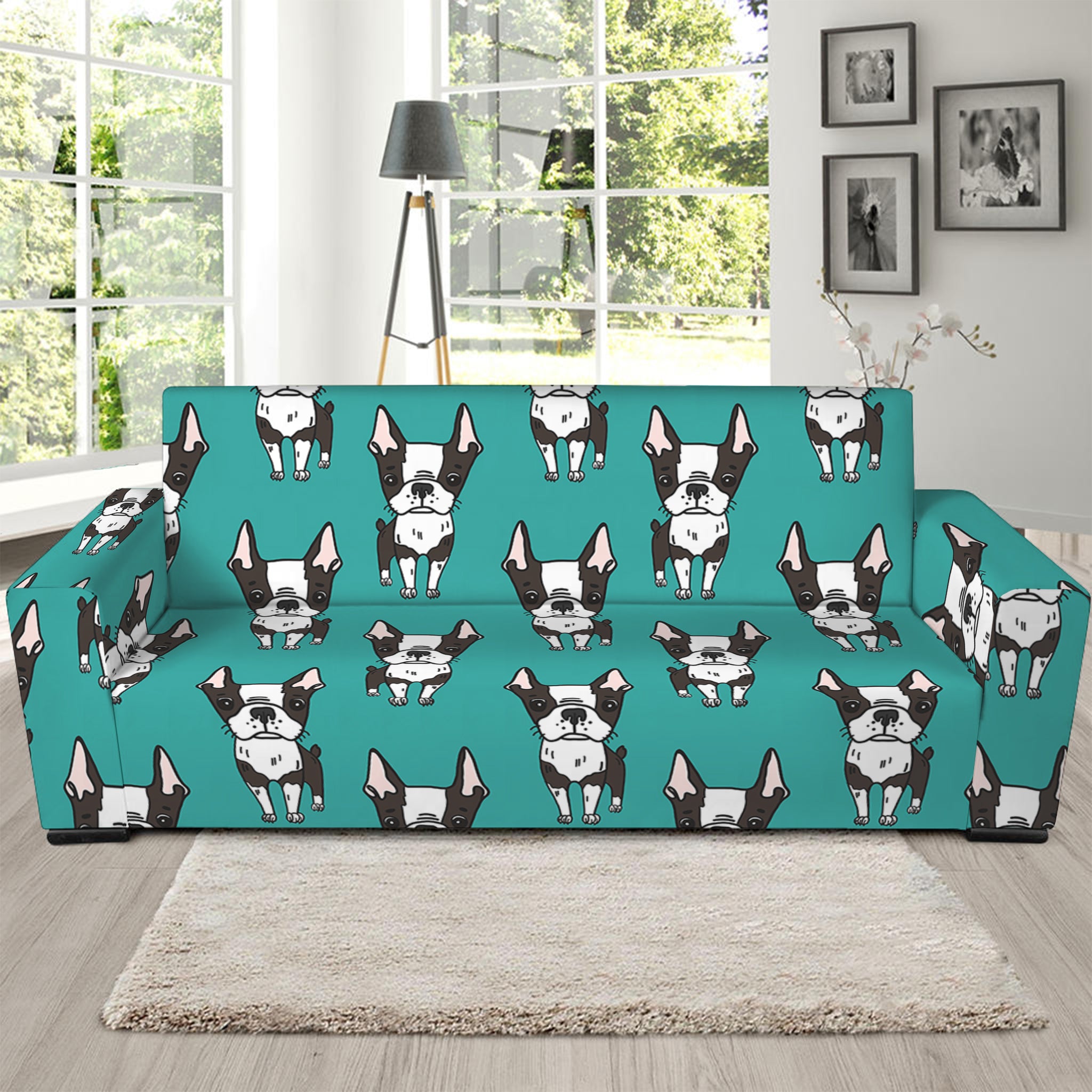 Cartoon Boston Terrier Pattern Print Sofa Slipcover