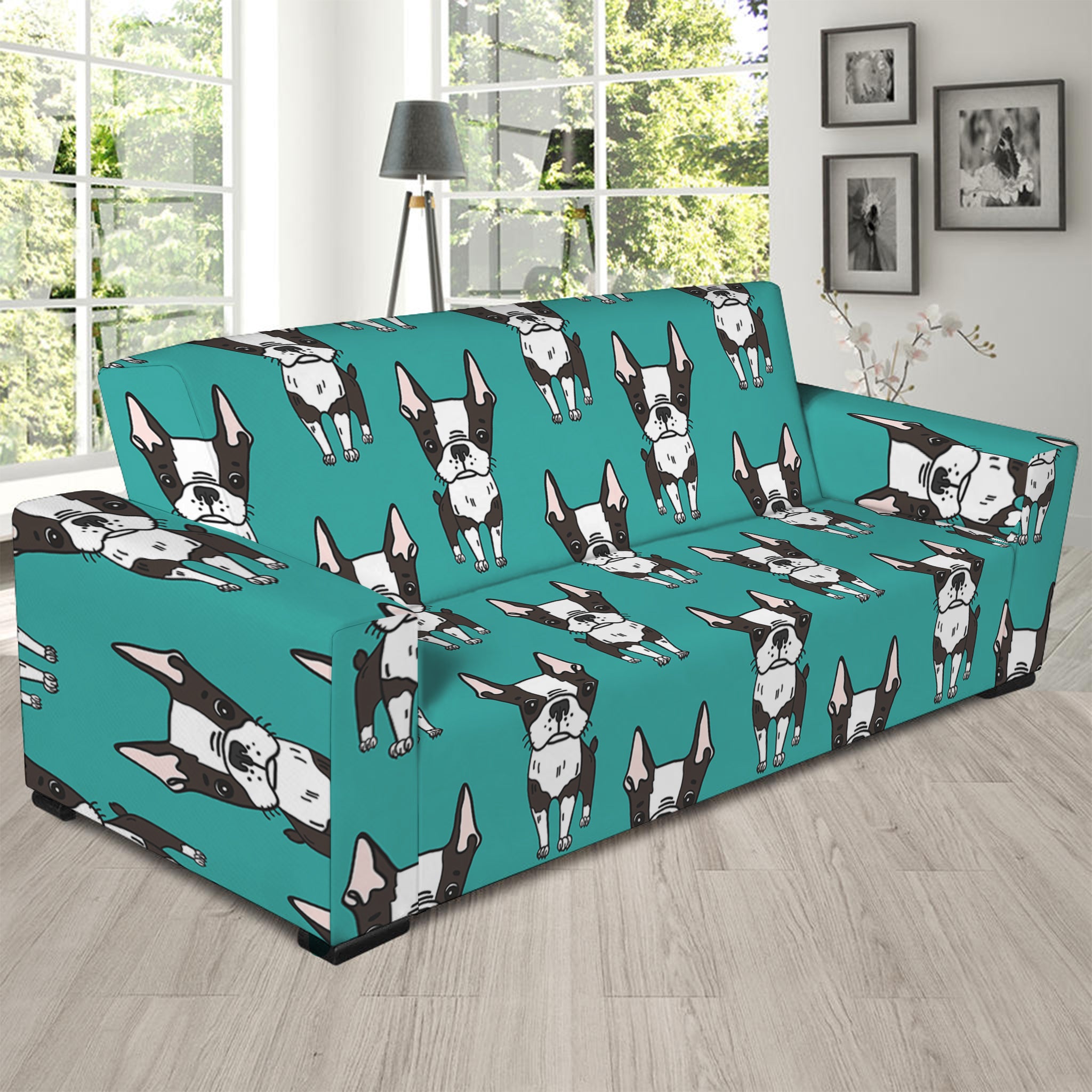 Cartoon Boston Terrier Pattern Print Sofa Slipcover