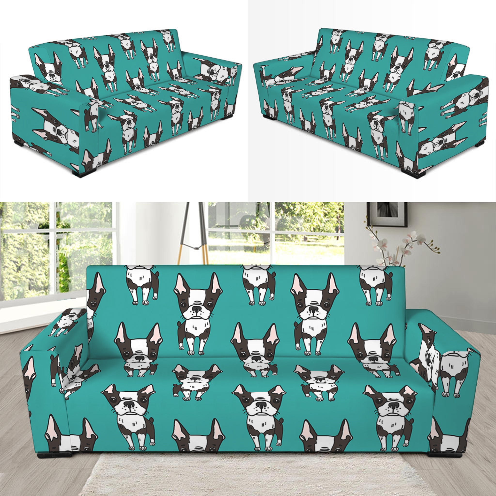 Cartoon Boston Terrier Pattern Print Sofa Slipcover