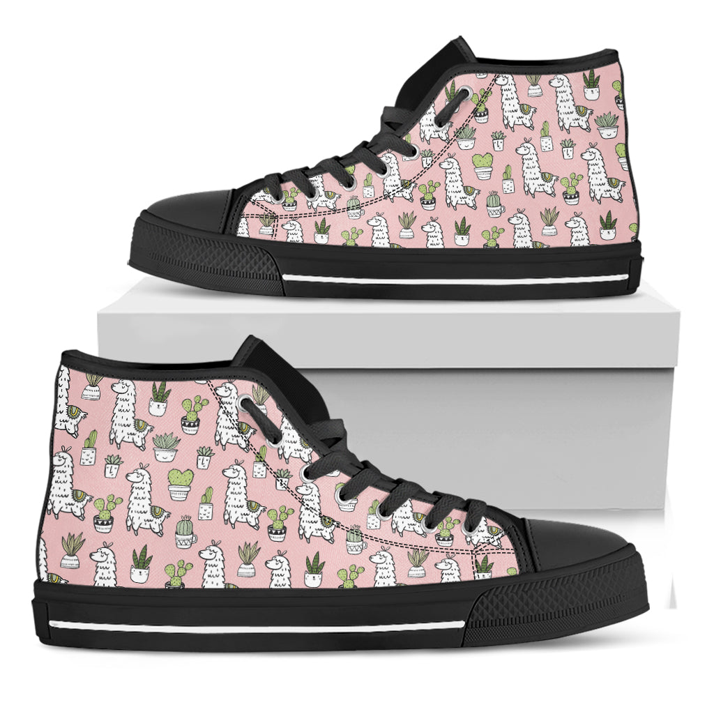 Cartoon Cactus And Llama Pattern Print Black High Top Shoes