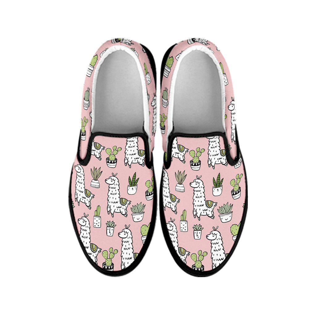 Cartoon Cactus And Llama Pattern Print Black Slip On Shoes