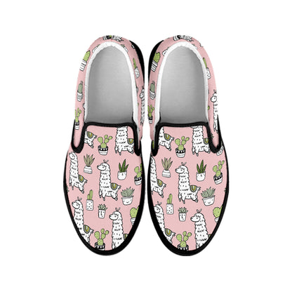 Cartoon Cactus And Llama Pattern Print Black Slip On Shoes