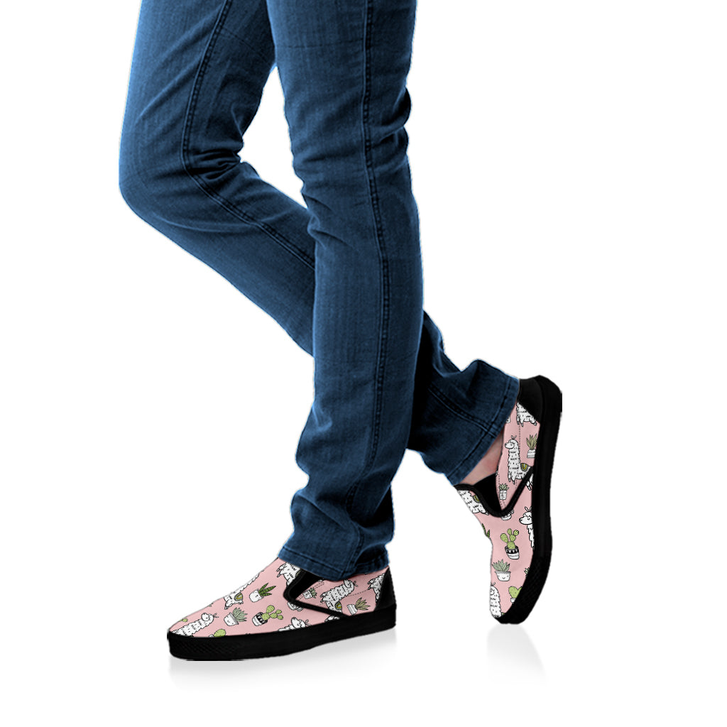 Cartoon Cactus And Llama Pattern Print Black Slip On Shoes