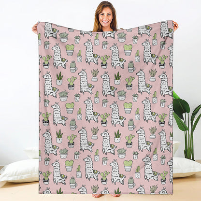 Cartoon Cactus And Llama Pattern Print Blanket