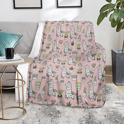 Cartoon Cactus And Llama Pattern Print Blanket