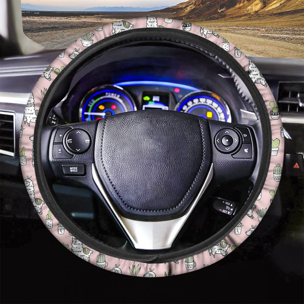 Cartoon Cactus And Llama Pattern Print Car Steering Wheel Cover