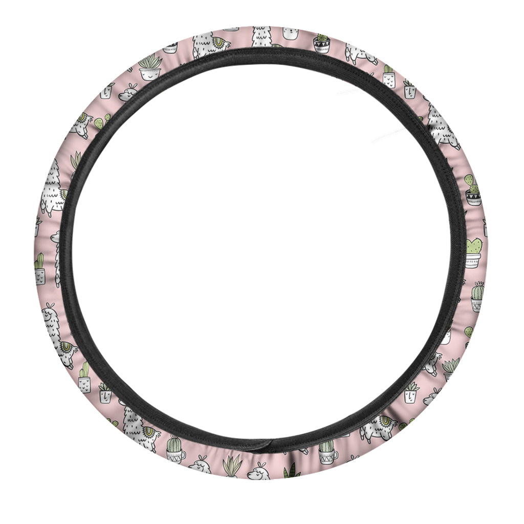 Cartoon Cactus And Llama Pattern Print Car Steering Wheel Cover
