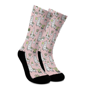 Cartoon Cactus And Llama Pattern Print Crew Socks