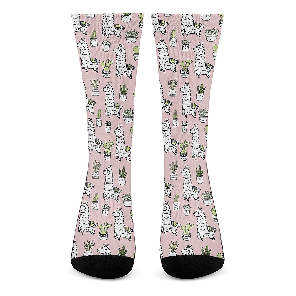 Cartoon Cactus And Llama Pattern Print Crew Socks