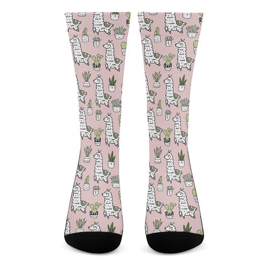 Cartoon Cactus And Llama Pattern Print Crew Socks