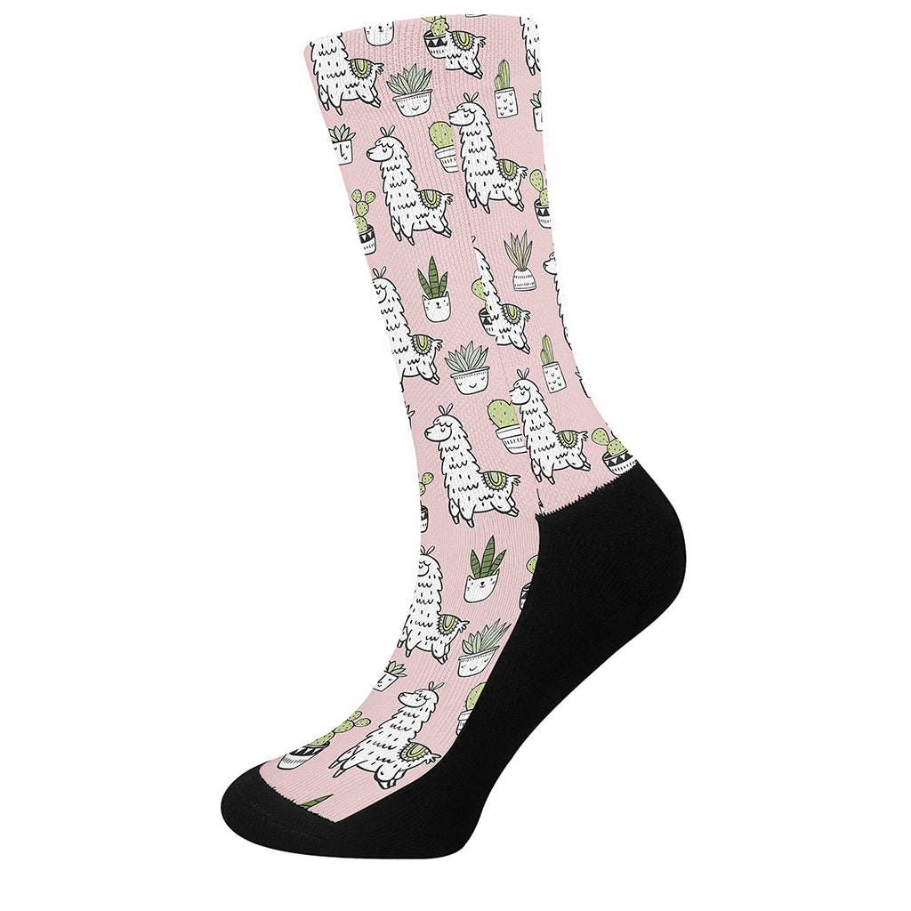 Cartoon Cactus And Llama Pattern Print Crew Socks