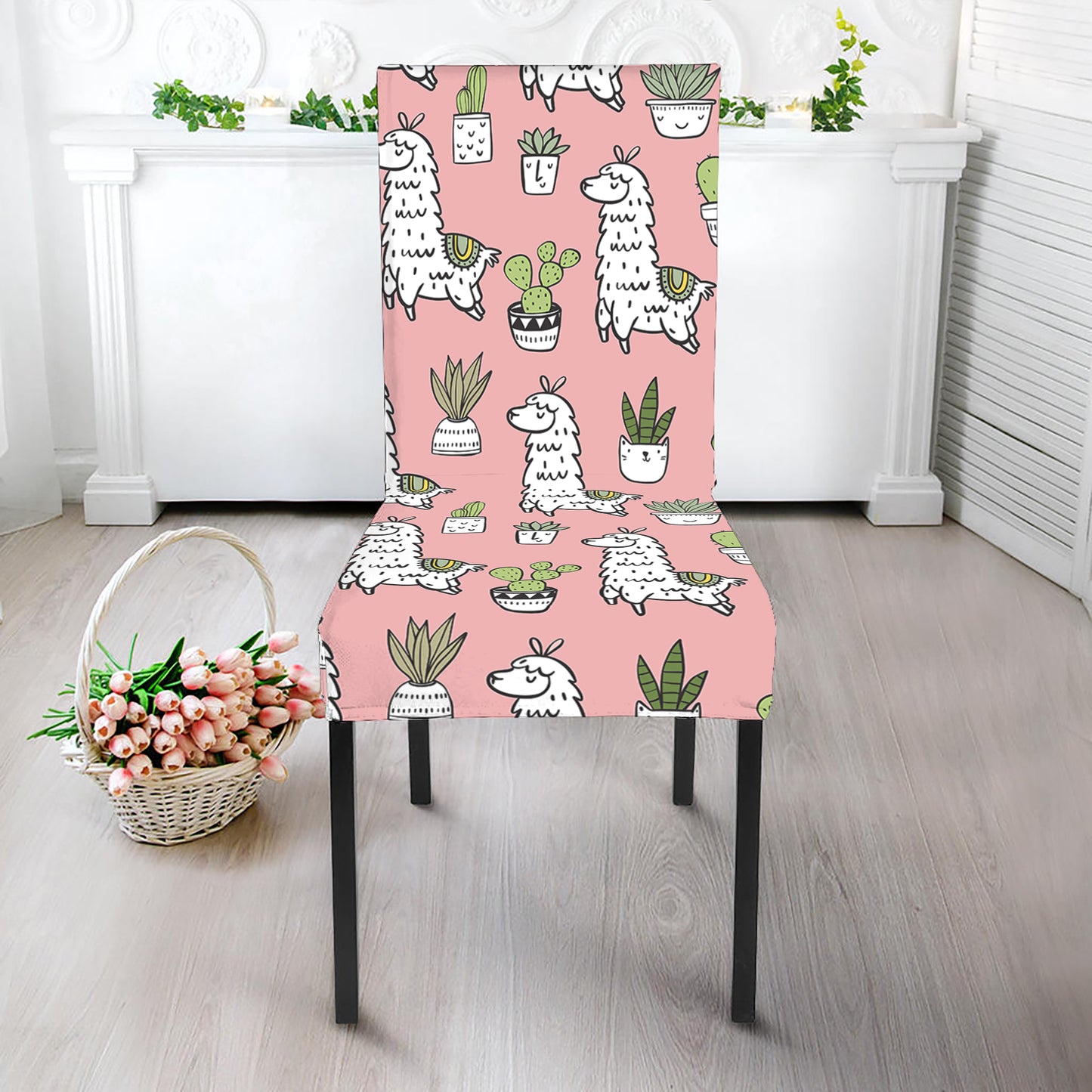 Cartoon Cactus And Llama Pattern Print Dining Chair Slipcover