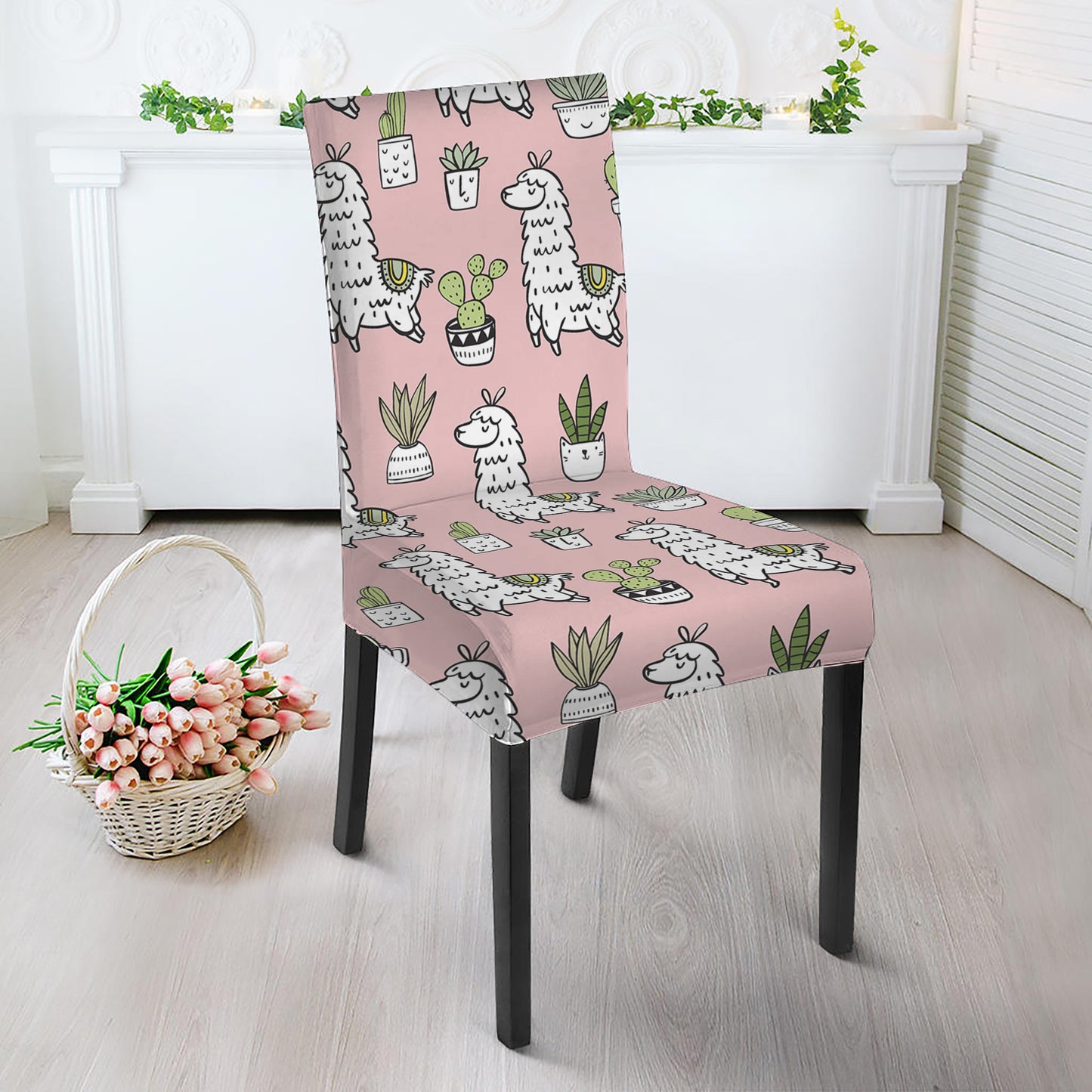 Cartoon Cactus And Llama Pattern Print Dining Chair Slipcover